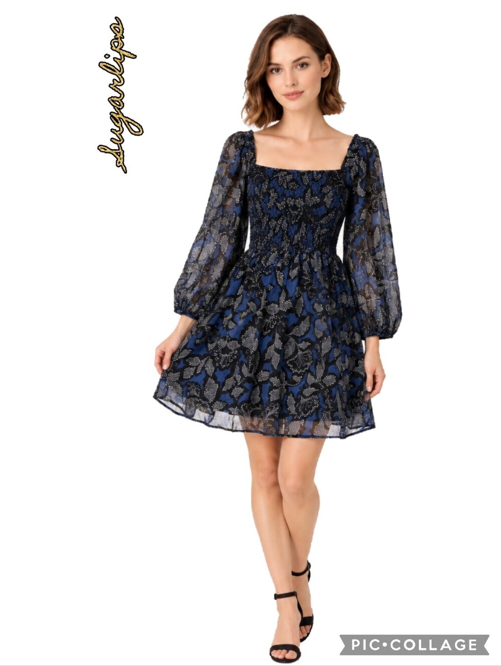 Sugarlips dress square-neck black & blue floral smocked bodice sheer 100% cotton